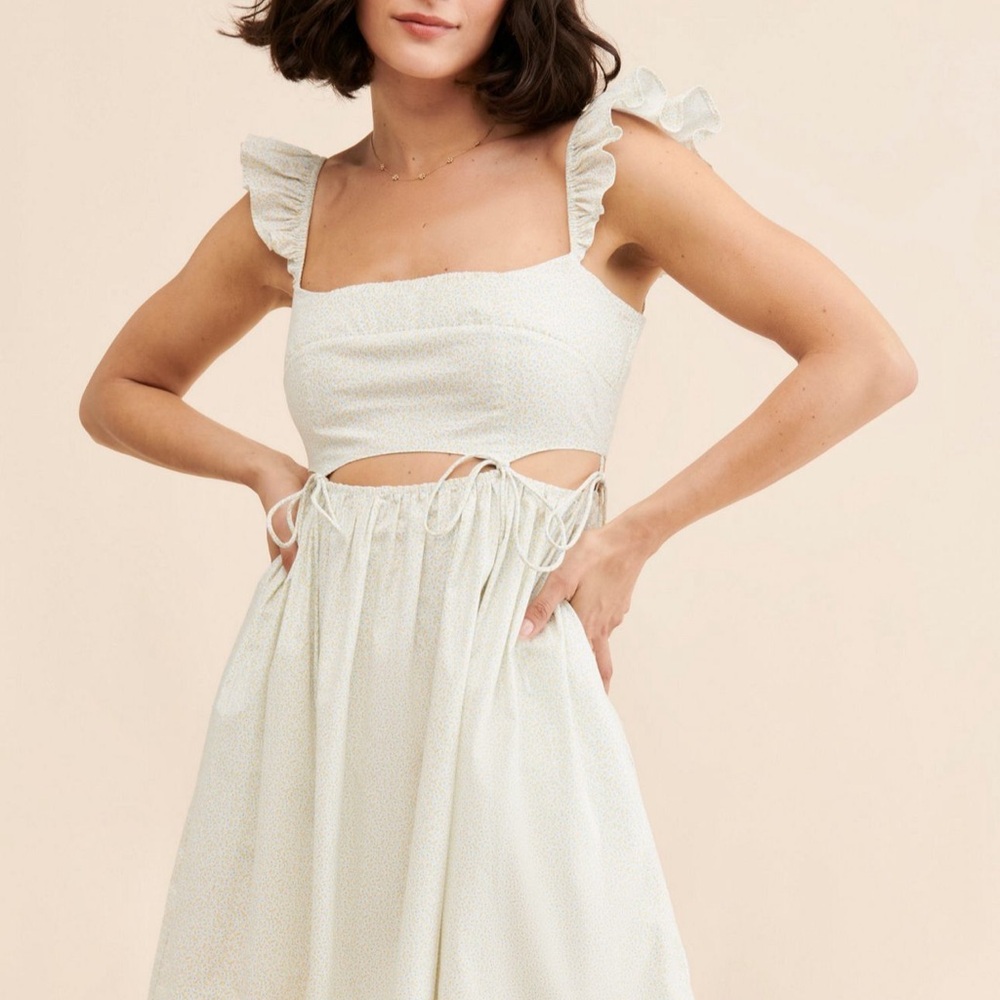 Ruffle Strap Midi Dress with Cutout Waist in Ivory